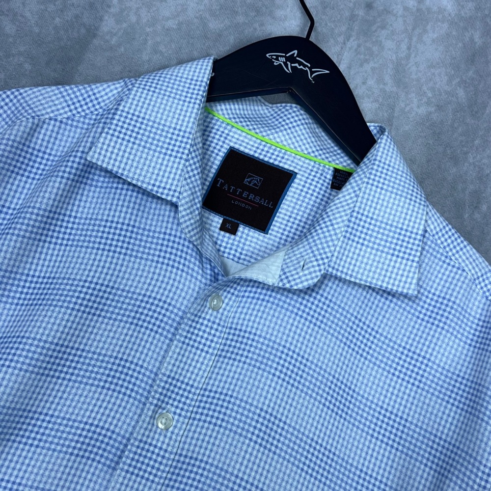 Tattersall London Mens XL Blue White Gingham Check Button Down Shirt Long Sleeve